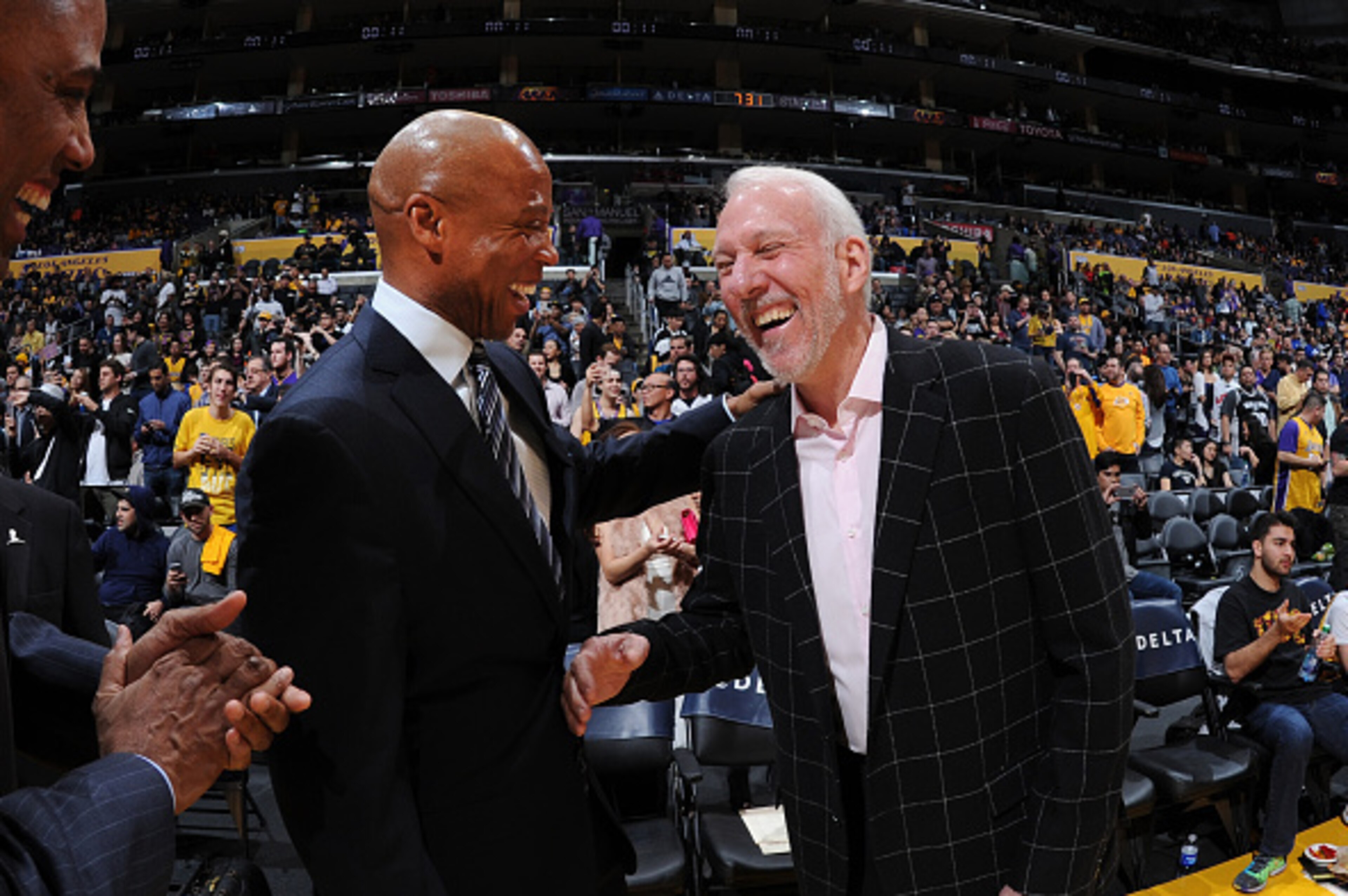 LOS ANGELES, CA - JANUARY 22: Los Angeles Lakers head coach, Byron Scott of the Los Angeles Lakers and San Antonio Spurs head coach, Gregg Popovich of the San Antonio Spurs and before the game on January 22, 2016 at STAPLES Center in Lost Angeles, Califor LOS ANGELES, CA - JANUARY 22: Los Angeles Lakers head coach, Byron Scott of the Los Angeles Lakers and San Antonio Spurs head coach, Gregg Popovich of the San Antonio Spurs and before the game on January 22, 2016 at STAPLES Center in Lost Angeles, Califor