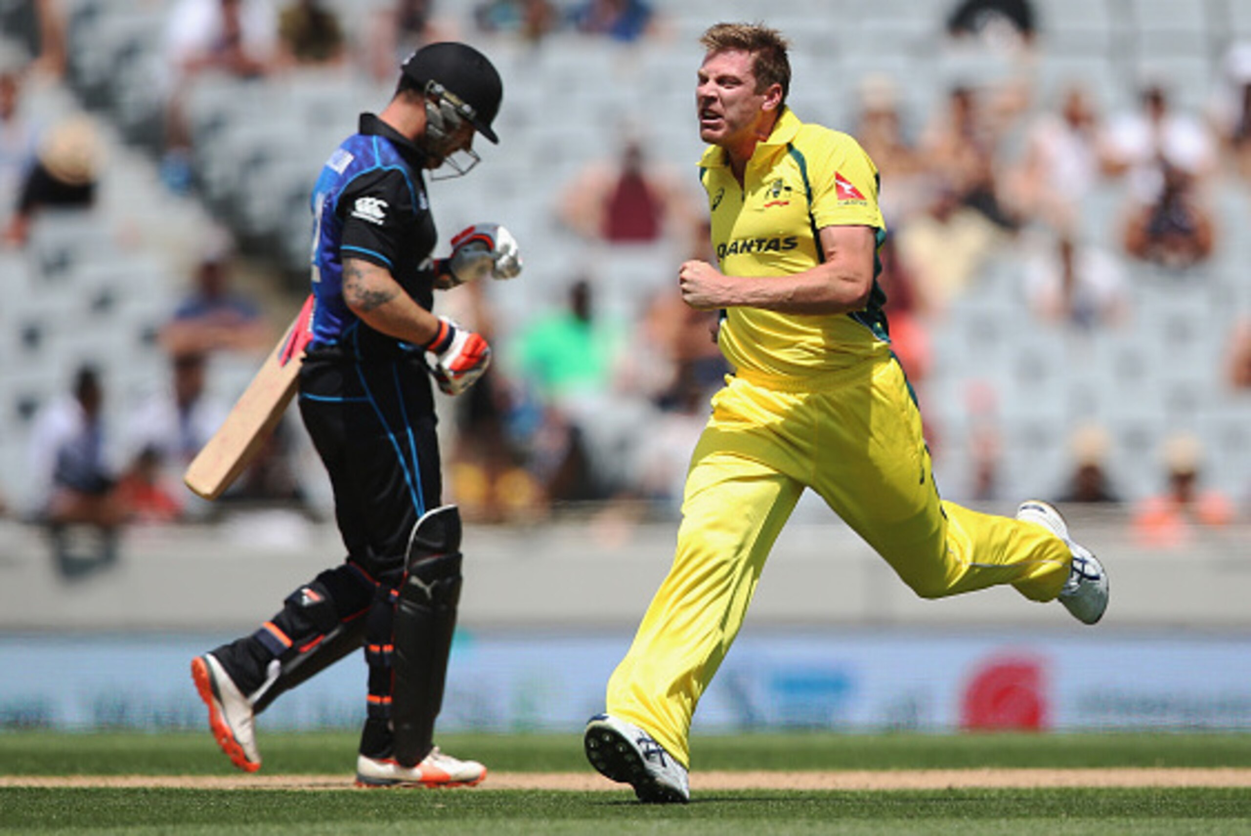 AUCKLAND, NEW ZEALAND - FEBRUARY 03:  James Faulkner of Australia celebrates the wicket of Brendon McCullum of the Black Caps during the One Day International match between New Zealand and Australia at Eden Park on February 3, 2016 in Auckland, New Zealan