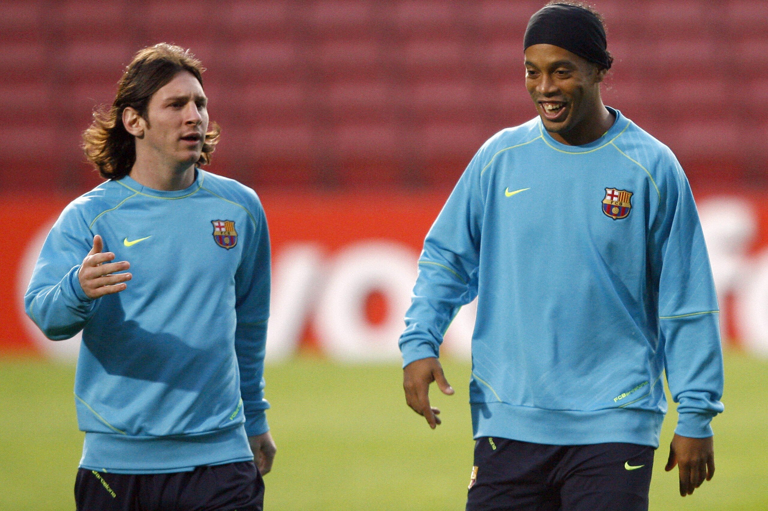 Barcelona's Brazilian midfielder Ronaldinho (R) and Argentinian Leo Messi (L) take part in a training session at the Camp Nou stadium in Barcelona, 06 November 2007 in Barcelona on the eve of their Champions League group E football match against Rangers F Barcelona's Brazilian midfielder Ronaldinho (R) and Argentinian Leo Messi (L) take part in a training session at the Camp Nou stadium in Barcelona, 06 November 2007 in Barcelona on the eve of their Champions League group E football match against Rangers F