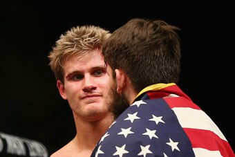 NEWARK, NJ - JANUARY 30:  (L-R) Sage Northcutt of the United States congratulates Bryan Barberena of the United States on Barberena's win by submission in the second round of their welterweight bout during the UFC Fight Night event at the Prudential Cente