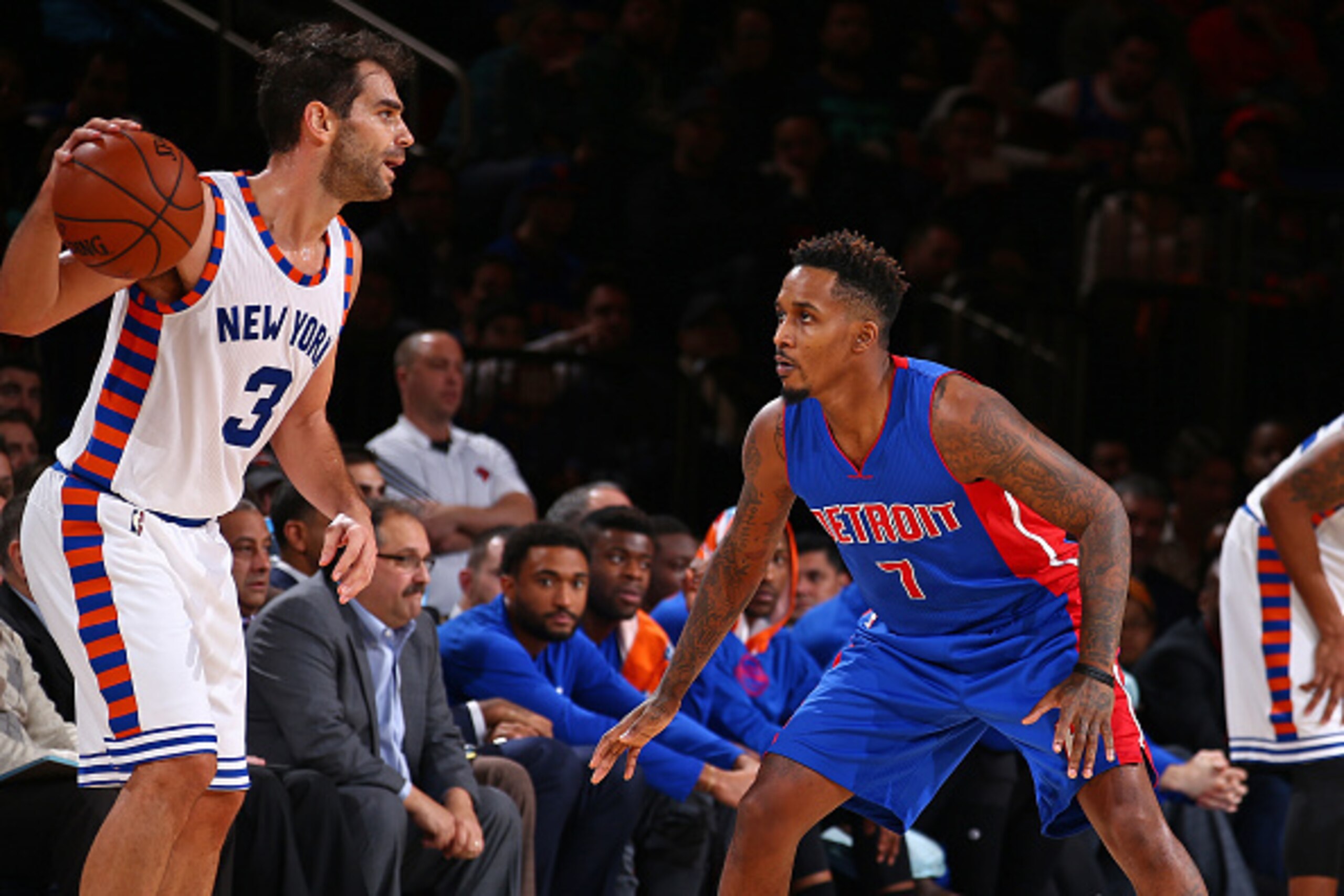 NEW YORK, NY - DECEMBER 29: Brandon Jennings #7 of the Detroit Pistons plays defense during the game against the New York Knicks on December 29, 2015 at Madison Square Garden in New York City, New York. NOTE TO USER: User expressly acknowledges and agre NEW YORK, NY - DECEMBER 29: Brandon Jennings #7 of the Detroit Pistons plays defense during the game against the New York Knicks on December 29, 2015 at Madison Square Garden in New York City, New York. NOTE TO USER: User expressly acknowledges and agre