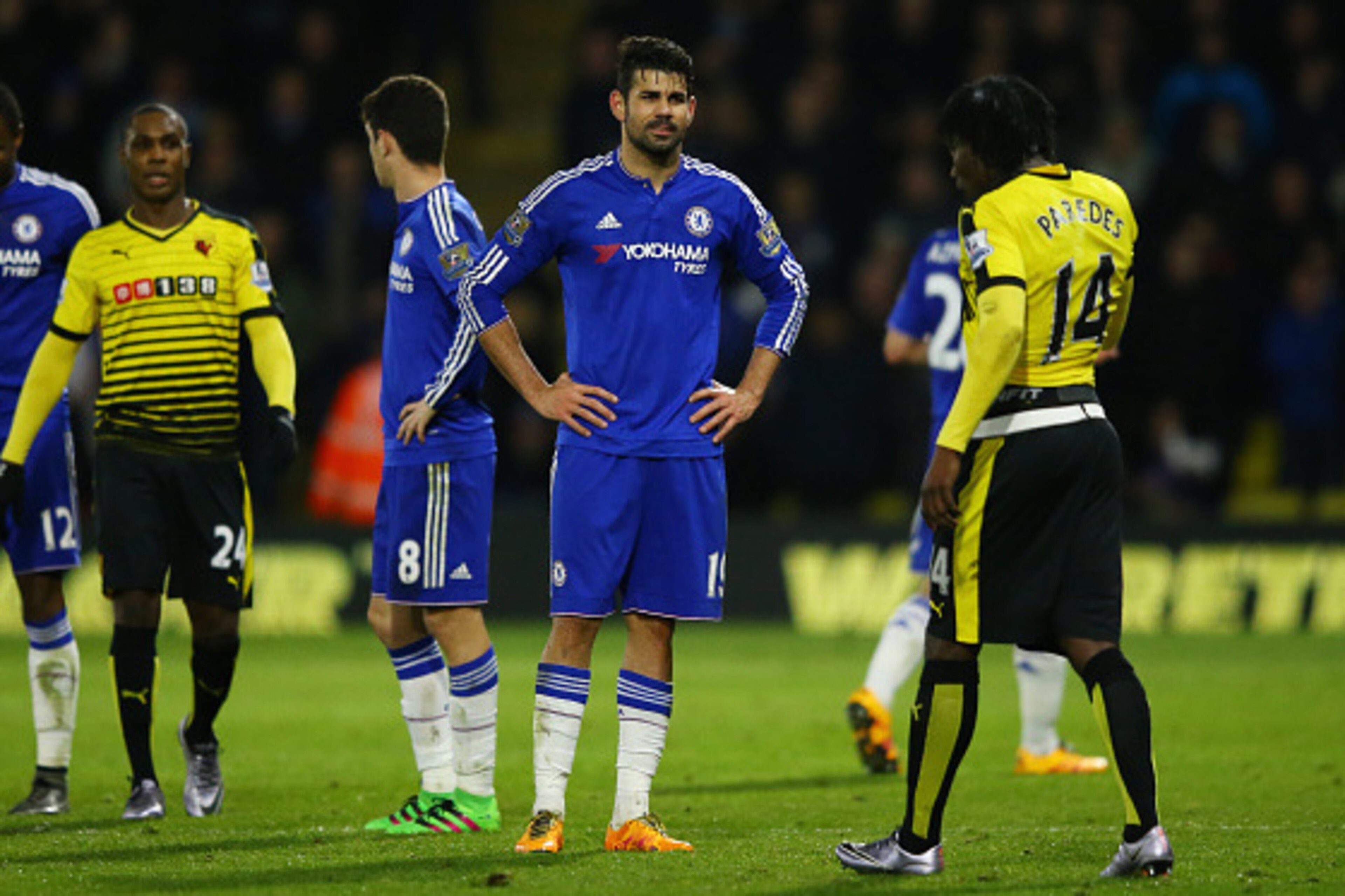 WATFORD, ENGLAND - FEBRUARY 03: Diego Costa of Chelsea clashes with Juan Carlos Paredes of Watford during the Barclays Premier League match between Watford and Chelsea at Vicarage Road on February 3, 2016 in Watford, England. (Photo by Richard Heathcote WATFORD, ENGLAND - FEBRUARY 03: Diego Costa of Chelsea clashes with Juan Carlos Paredes of Watford during the Barclays Premier League match between Watford and Chelsea at Vicarage Road on February 3, 2016 in Watford, England. (Photo by Richard Heathcote
