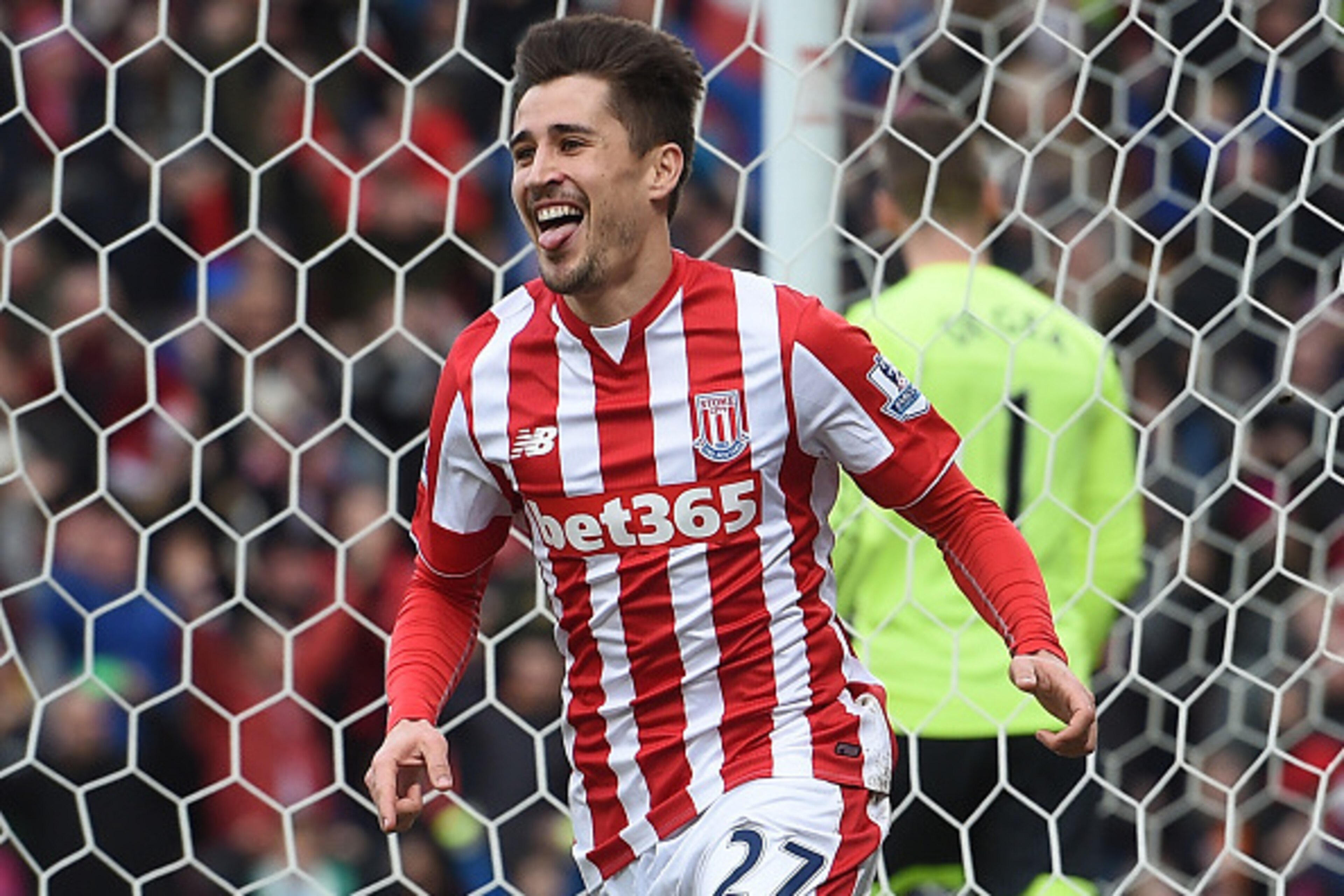 Stoke City's Spanish striker Bojan Krkic celebrates after scoring the opening goal of the English Premier League football match between Stoke City and Manchester United at the Britannia Stadium in Stoke-on-Trent, central England on December 26, 2015.  / A