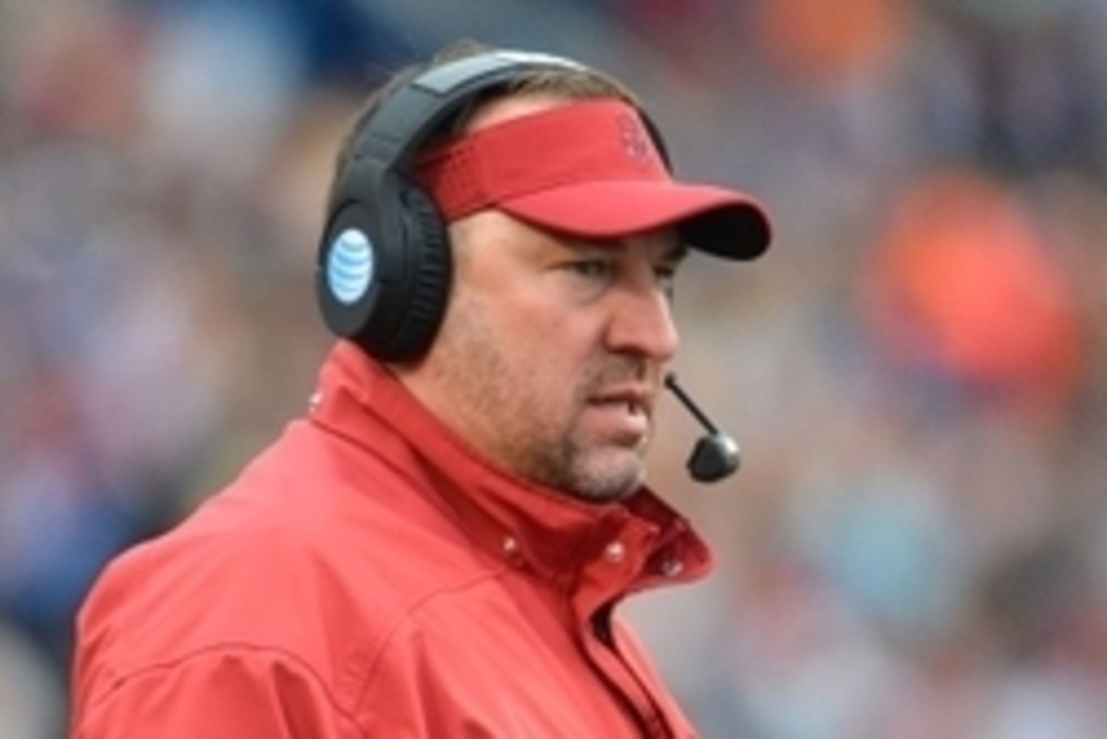 Nov 7, 2015; Oxford, MS, USA; Arkansas Razorbacks head coach Bret Bielema watches the action during the game against the Mississippi Rebels at Vaught-Hemingway Stadium. Arkansas won 53-52.  Mandatory Credit: Matt Bush-USA TODAY Sports
