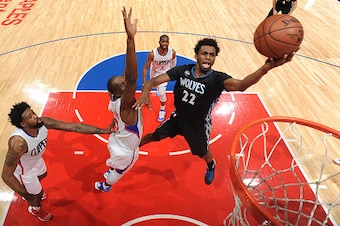 LOS ANGELES, CA - FEBRUARY 3: Andrew Wiggins #22 of the Minnesota Timberwolves goes for the layup against the Los Angeles Clippers during the game on February 3, 2016 at STAPLES Center in Los Angeles, California. NOTE TO USER: User expressly acknowledges 
