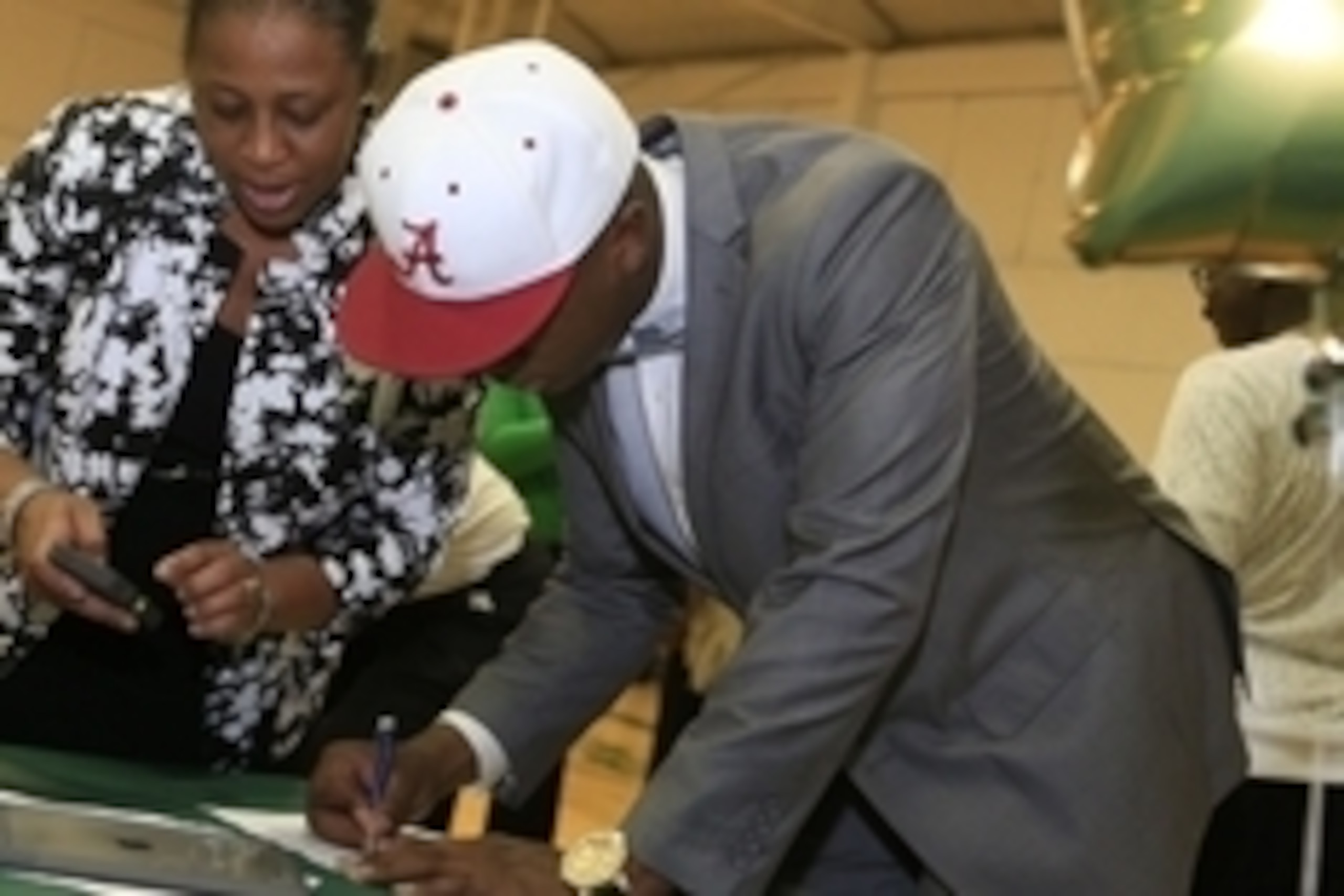 Feb 3, 2016; Gordo, AL, USA; Gordo High School linebacker Ben Davis fields questions after committing to the Alabama Crimson Tide at the University of Alabama during national signing day at Gordo High School. Mandatory Credit: Marvin Gentry-USA TODAY Spor