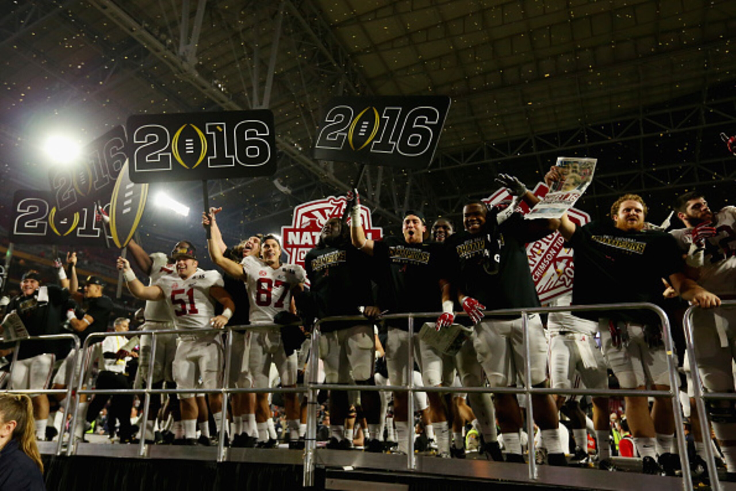 GLENDALE, AZ - JANUARY 11:  The Alabama Crimson Tide celebrate after defeating the Clemson Tigers in the 2016 College Football Playoff National Championship Game at University of Phoenix Stadium on January 11, 2016 in Glendale, Arizona.  The Crimson Tide 
