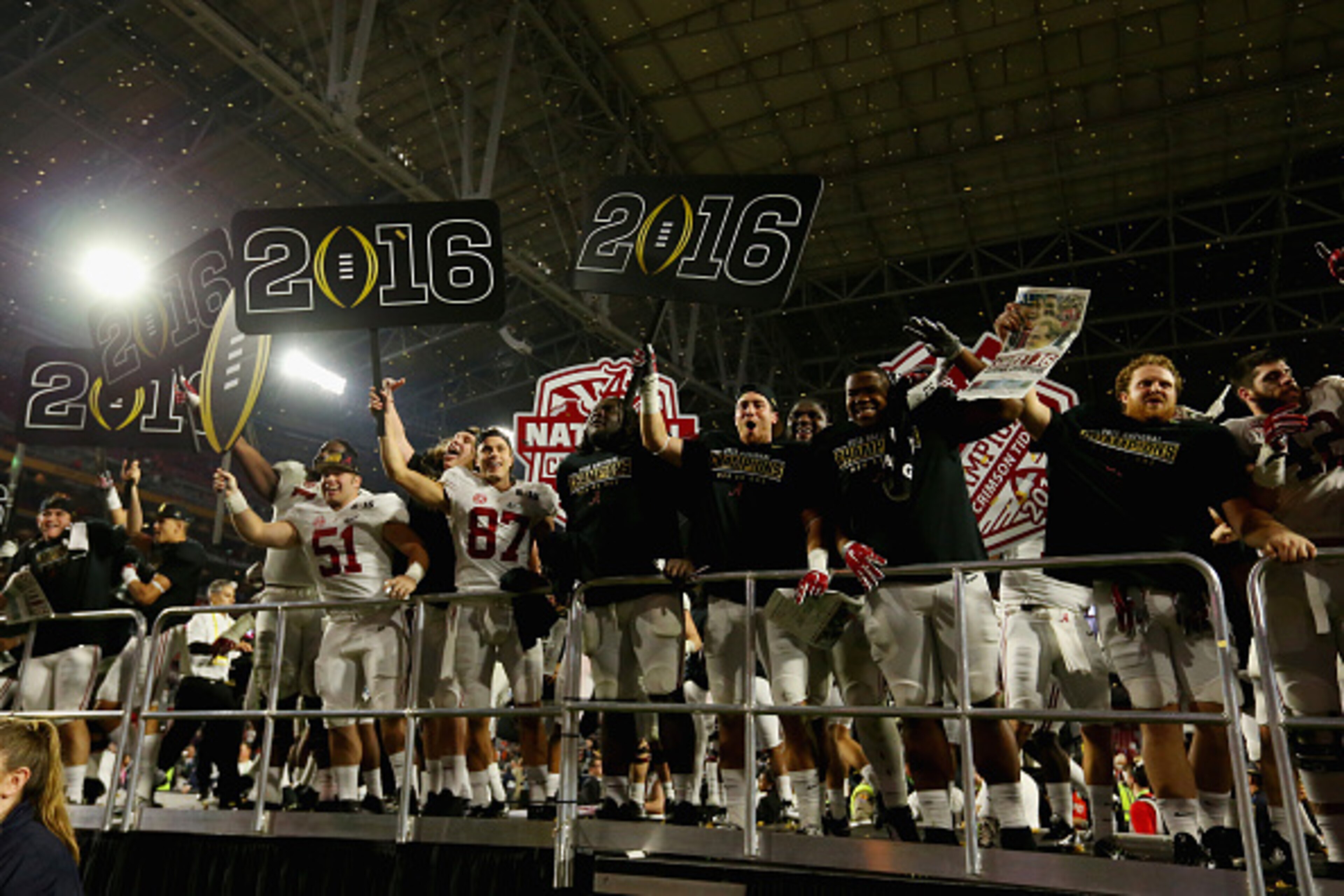 GLENDALE, AZ - JANUARY 11:  The Alabama Crimson Tide celebrate after defeating the Clemson Tigers in the 2016 College Football Playoff National Championship Game at University of Phoenix Stadium on January 11, 2016 in Glendale, Arizona.  The Crimson Tide 