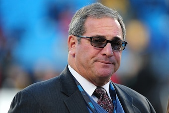 CHARLOTTE, NC - JANUARY 24: General Manager Dave Gettleman of the Carolina Panthers watches warms up before the NFC Championship Game against the Arizona Cardinals at Bank Of America Stadium on January 24, 2016 in Charlotte, North Carolina. (Photo by Scot