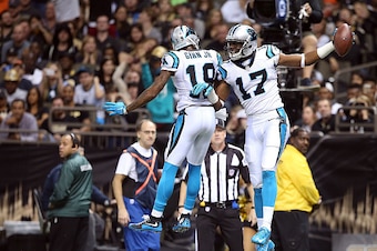 NEW ORLEANS, LA - DECEMBER 06:  Devin Funchess #17 of the Carolina Panthers celebrates with Ted Ginn #19 of the Carolina Panthers after scoring a touchdown against the New Orleans Saints at the Mercedes-Benz Superdome on December 6, 2015 in New Orleans, L