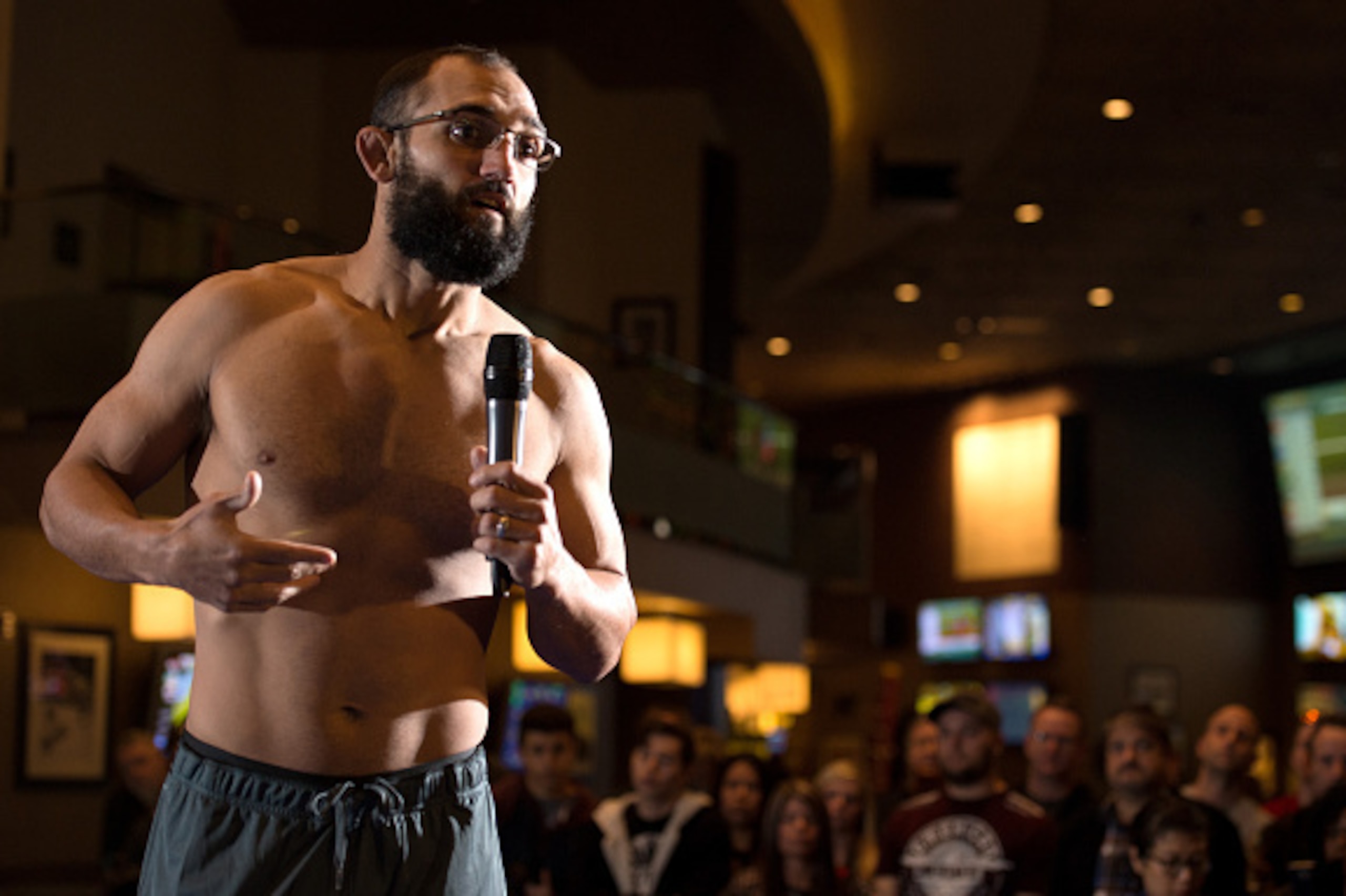 LAS VEGAS, NEVADA - FEBRUARY 04:   Johny Hendricks speaks to the fans and media during an open training session at the MGM Grand Hotel/Casino on February 4, 2016 in Las Vegas Nevada. (Photo by Brandon Magnus/Zuffa LLC/Zuffa LLC via Getty Images)