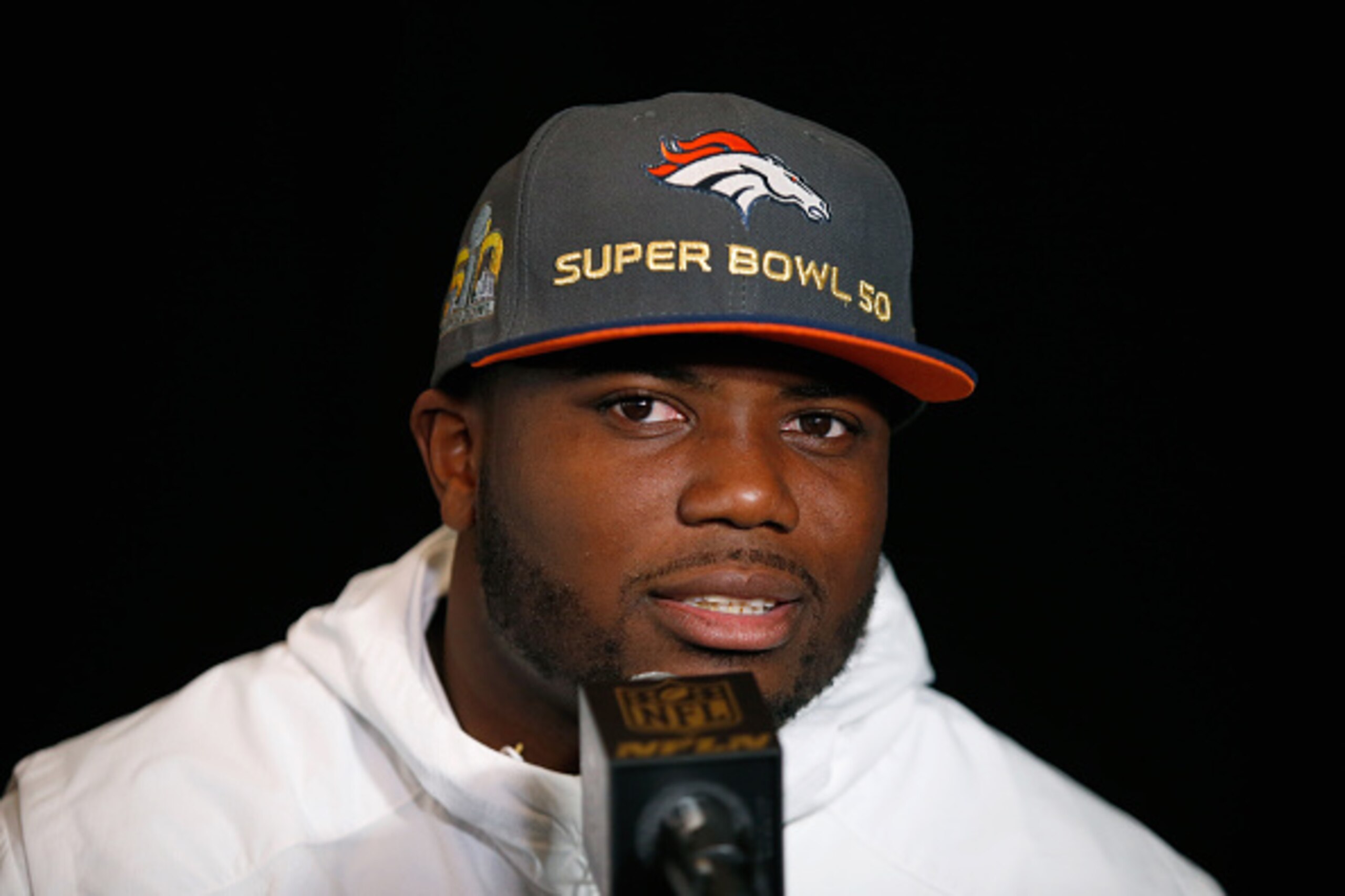 SANTA CLARA, CA - FEBRUARY 02:  Denver Broncos running back C.J. Anderson speaks to the media at the Broncos media availability at the Santa Clara Marriott on February 2, 2016 in Santa Clara, California.  (Photo by Ezra Shaw/Getty Images)
