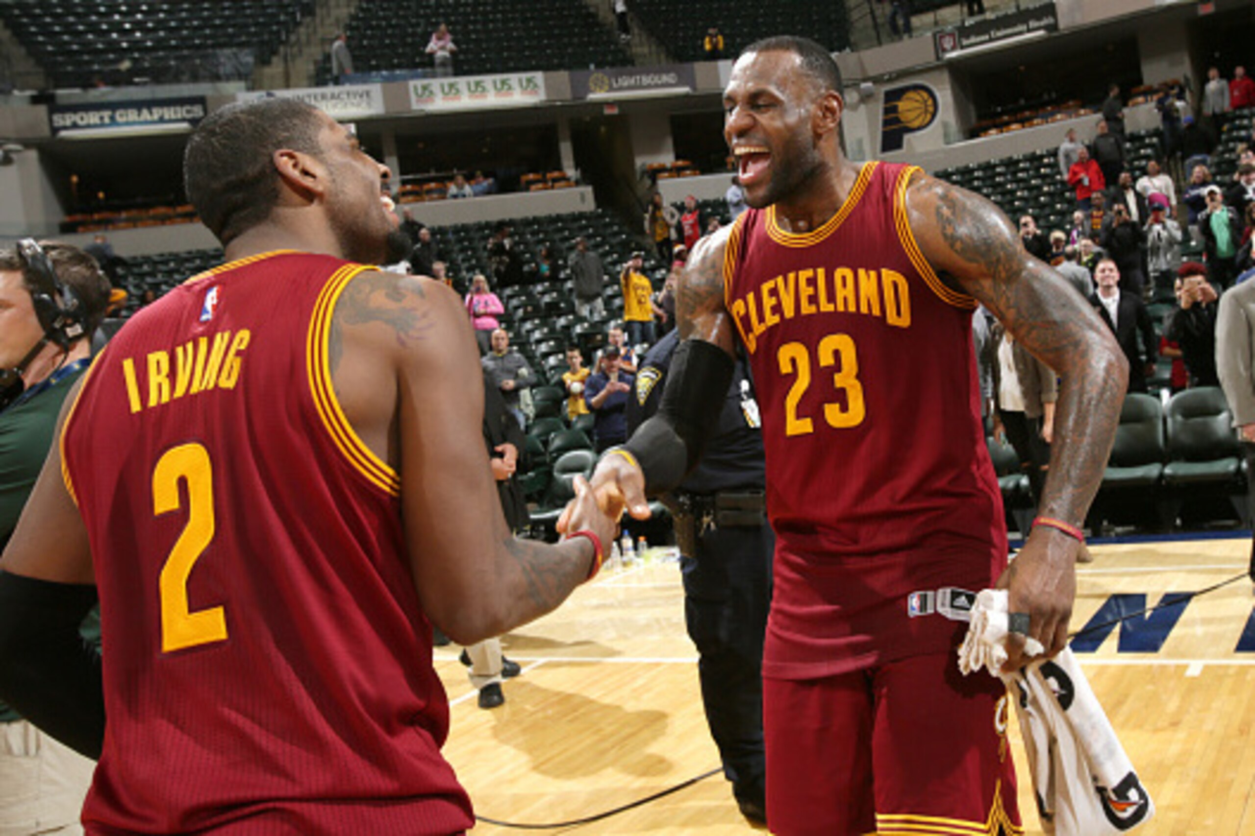 INDIANAPOLIS, IN - FEBRUARY 1: LeBron James #23 and Kyrie Irving #2 of the Cleveland Cavaliers celebrate after the game against the Indiana Pacers on February 1, 2016 at Bankers Life Fieldhouse in Indianapolis, Indiana. NOTE TO USER: User expressly acknow INDIANAPOLIS, IN - FEBRUARY 1: LeBron James #23 and Kyrie Irving #2 of the Cleveland Cavaliers celebrate after the game against the Indiana Pacers on February 1, 2016 at Bankers Life Fieldhouse in Indianapolis, Indiana. NOTE TO USER: User expressly acknow