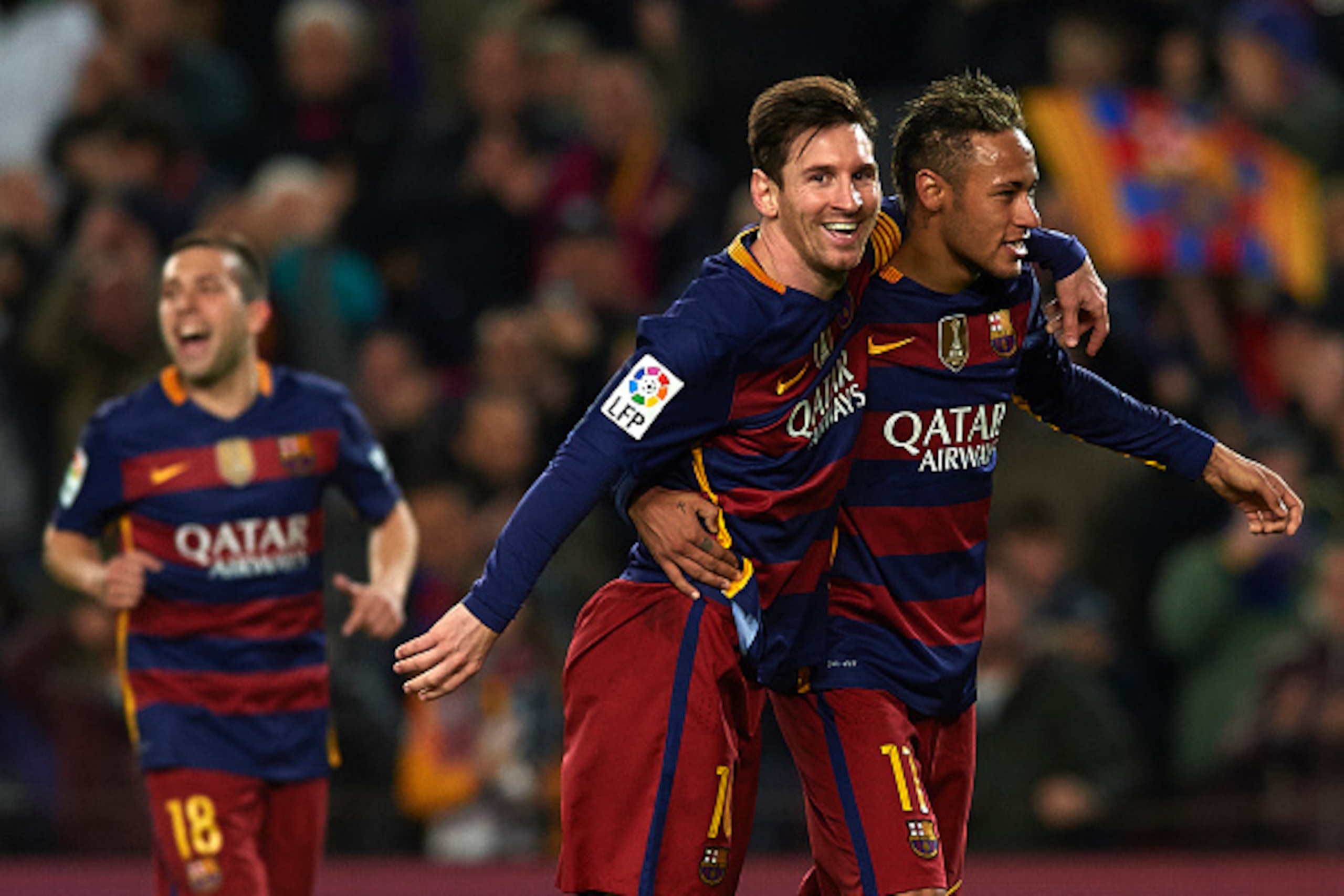 BARCELONA, SPAIN - FEBRUARY 03:  Lionel Messi of Barcelona celebrates scoring his team's fourth goal with his teammate Neymar JR (R) during the Copa del Rey Semi Final, first leg match between FC Barcelona and Valencia CF at Nou Camp on February 03, 2016 
