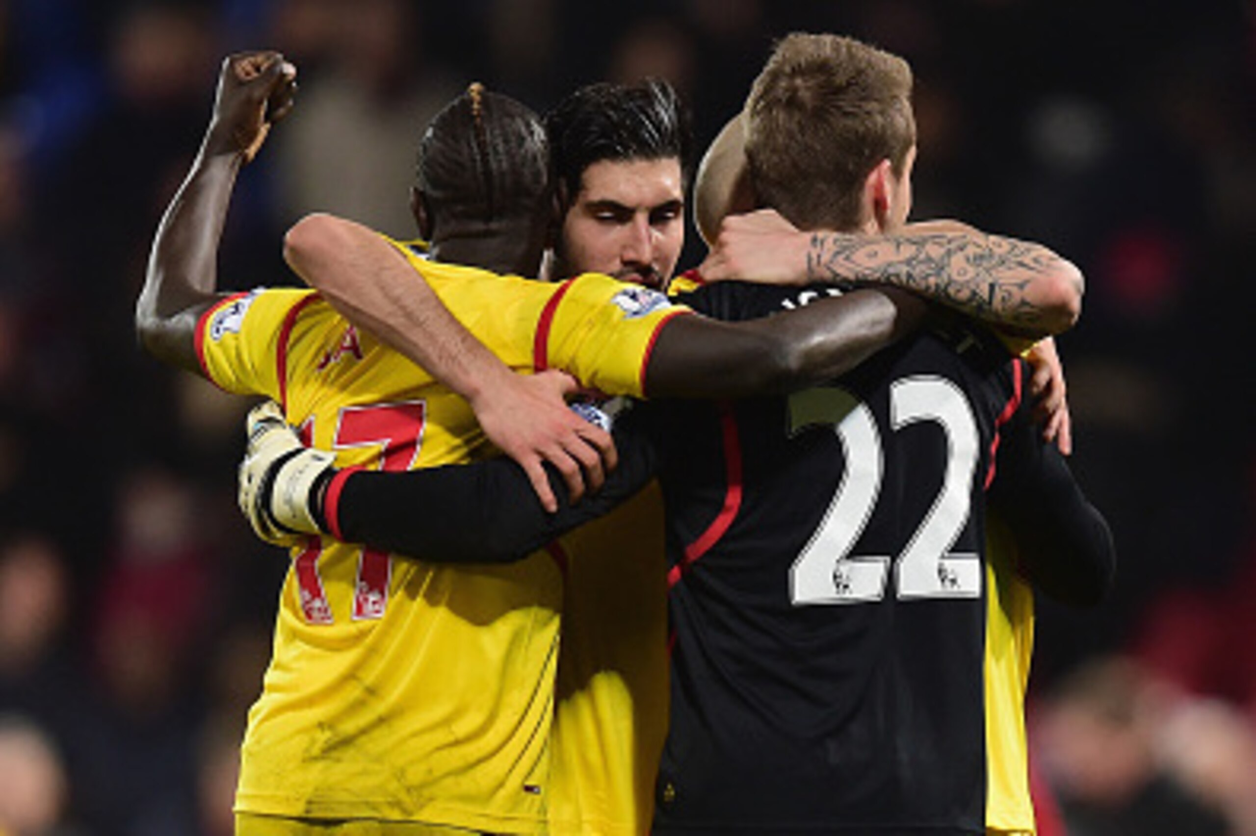 LONDON, ENGLAND - FEBRUARY 14:  Mamadou Sakho, Emre Can and Simon Mignolet of Liverpool celebrate victory after the FA Cup fifth round match between Crystal Palace and Liverpool at Selhurst Park on February 14, 2015 in London, England.  (Photo by Jamie Mc
