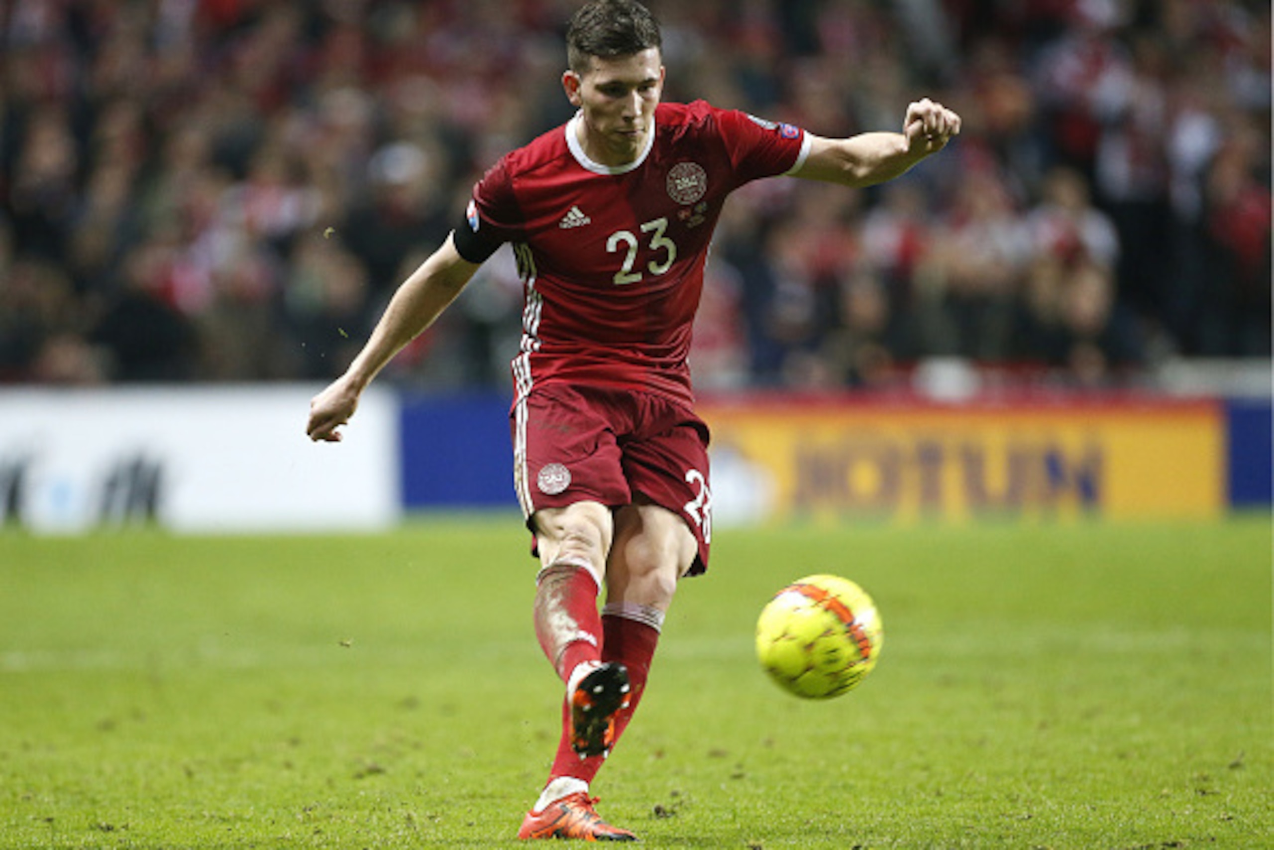 COPENHAGEN, DENMARK - NOVEMBER 17: Pierre-Emile Hojbjerg of Denmark in action during the UEFA EURO 2016 qualifier play-off second leg match between Denmark and Sweden at Telia Parken stadium on November 17, 2015 in Copenhagen, Denmark. (Photo by Jean Catu