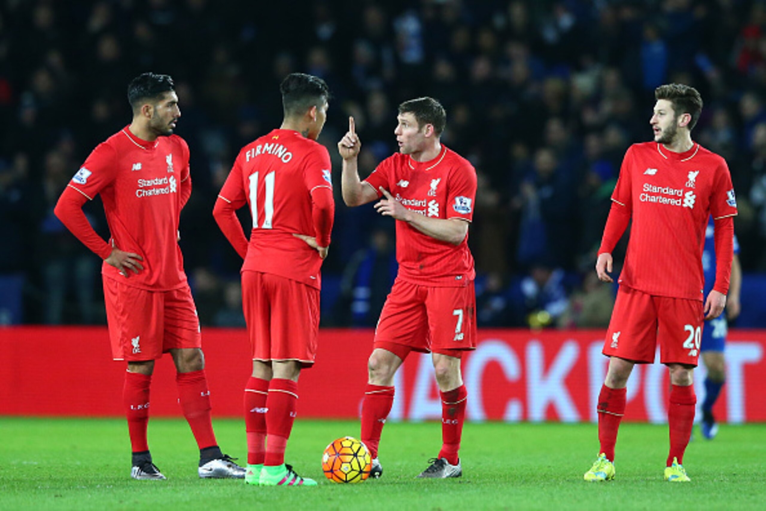 LEICESTER, ENGLAND - FEBRUARY 02: (L to R) Emre Can, Roberto Firmino, James Milner and Adam Lallana of Liverpool react after Leicester City's first goal during the Barclays Premier League match between Leicester City and Liverpool at The King Power Stadiu