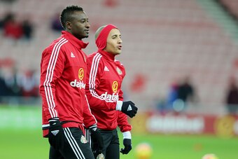 SUNDERLAND, UNITED KINGDOM -  FEBRUARY 02:    Dame N'Doye and Wahbi Khazri (R) warm up for Sunderland during the Barclays Premier League match between Sunderland and Manchester City at The Stadium of Light on February 02, 2016 in Sunderland, England. (Pho