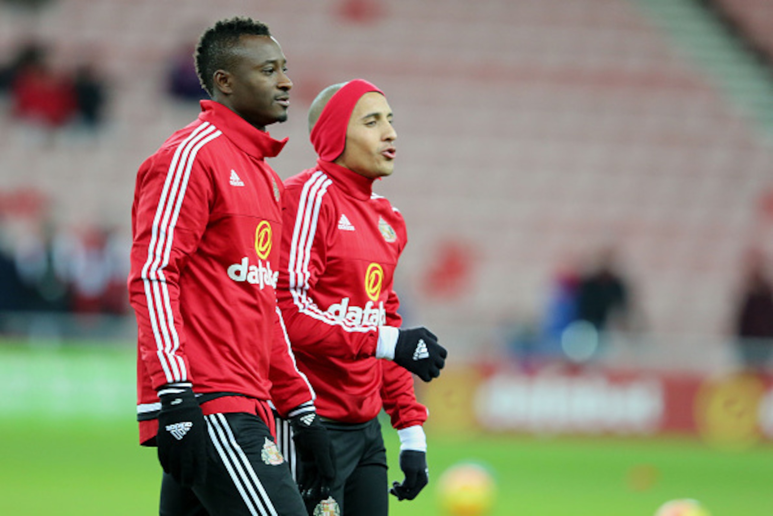 SUNDERLAND, UNITED KINGDOM -  FEBRUARY 02:    Dame N'Doye and Wahbi Khazri (R) warm up for Sunderland during the Barclays Premier League match between Sunderland and Manchester City at The Stadium of Light on February 02, 2016 in Sunderland, England. (Pho