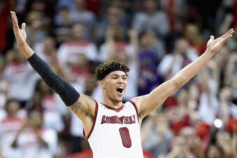 LOUISVILLE, KY - FEBRUARY 01:  Damion Lee #0 of the Louisville Cardinals celebrates after the 71-65 win over the North Carolina Tar Heels at KFC YUM! Center on February 1, 2016 in Louisville, Kentucky.  (Photo by Andy Lyons/Getty Images)