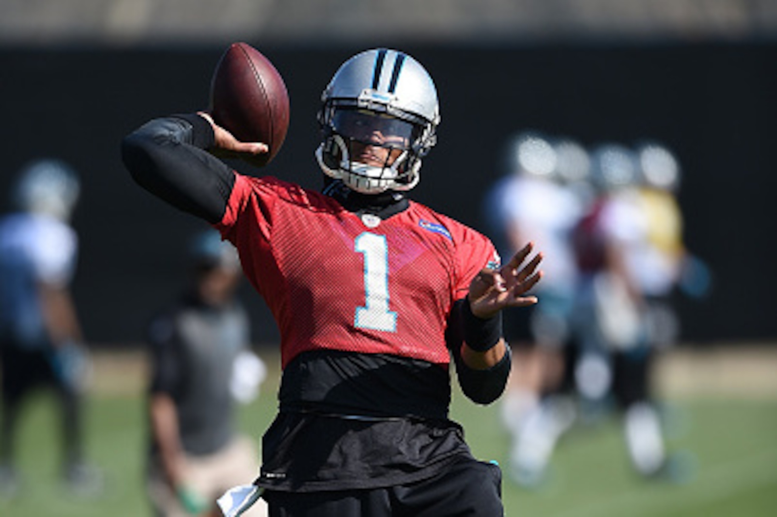 SAN JOSE, CA - FEBRUARY 05:  Quarterback Cam Newton #1 of the Carolina Panthers participates in drills during practice prior to Super Bowl 50 at San Jose State University on February 5, 2016 in San Jose, California. The Carolina Panthers face the Denver B