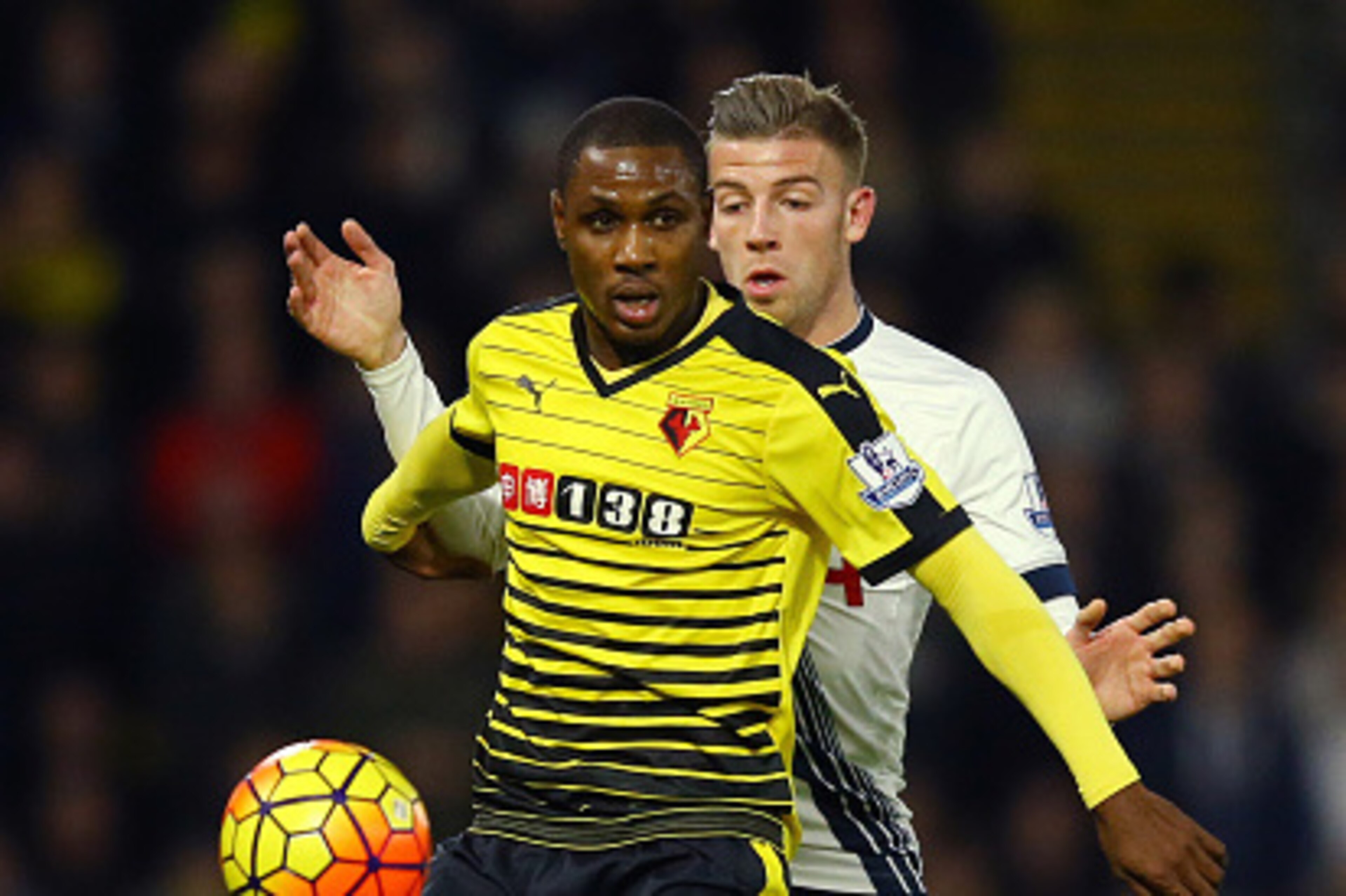WATFORD, ENGLAND - DECEMBER 28: Odion Ighalo of Watford controls the ball under pressure of Toby Alderweireld of Tottenham Hotspur during the Barclays Premier League match between Watford and Tottenham Hotspur at Vicarage Road on December 28, 2015 in Watf WATFORD, ENGLAND - DECEMBER 28: Odion Ighalo of Watford controls the ball under pressure of Toby Alderweireld of Tottenham Hotspur during the Barclays Premier League match between Watford and Tottenham Hotspur at Vicarage Road on December 28, 2015 in Watf