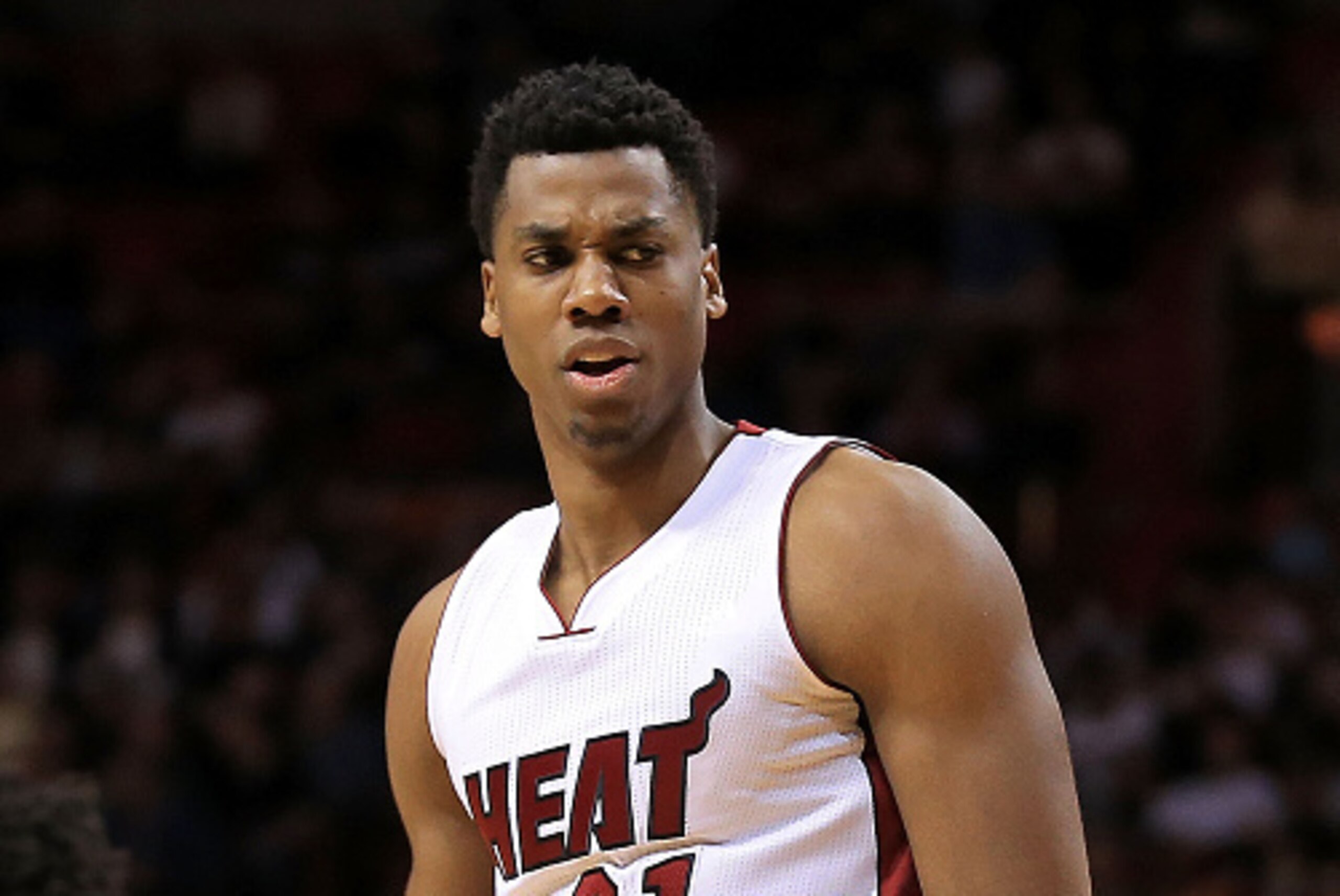 MIAMI, FL - JANUARY 19:  Hassan Whiteside #21 of the Miami Heat reacts to a play during a game against the Milwaukee Bucks at American Airlines Arena on January 19, 2016 in Miami, Florida. NOTE TO USER: User expressly acknowledges and agrees that, by down