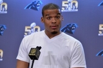 Feb 2, 2016; San Jose, CA, USA; Carolina Panthers quarterback Cam Newton addresses the media at press conference prior to Super Bowl 50 at the San Jose McNery Convention Center. Mandatory Credit: Kirby Lee-USA TODAY Sports