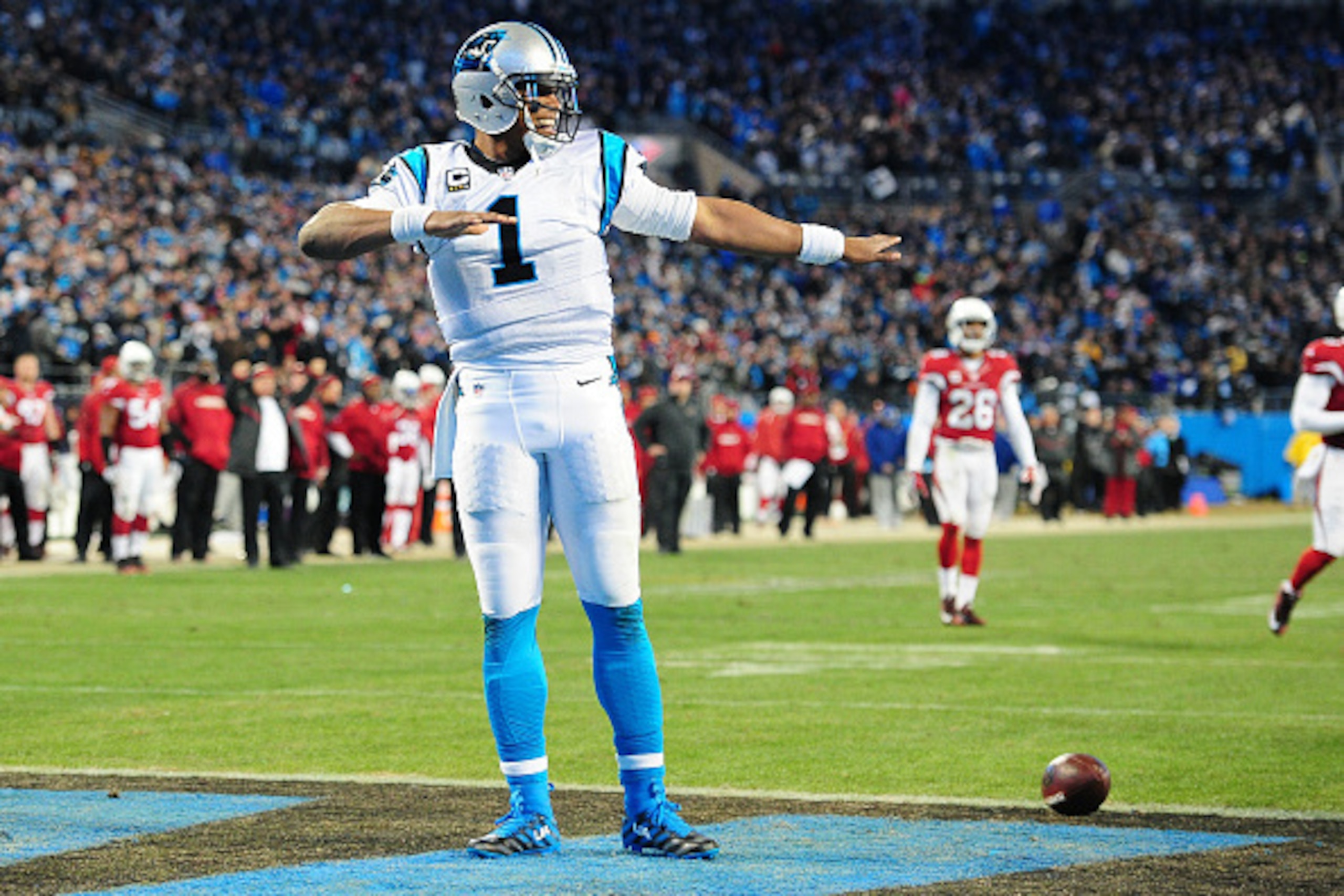 CHARLOTTE, NC - JANUARY 24: Cam Newton #1 of the Carolina Panthers celebrates after a score against the Arizona Cardinals during the NFC Championship Game at Bank Of America Stadium on January 24, 2016 in Charlotte, North Carolina. (Photo by Scott Cunning