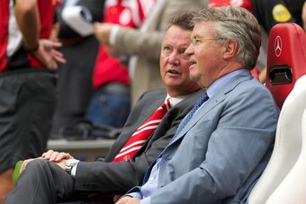 (L-R) Louis van Gaal,Guus Hiddink during the Edwin van der Sar Testimonial  at the Amsterdam Arena on August 3, 2011 in Amsterdam, Netherlands. (Photo by VI Images via Getty Images)
