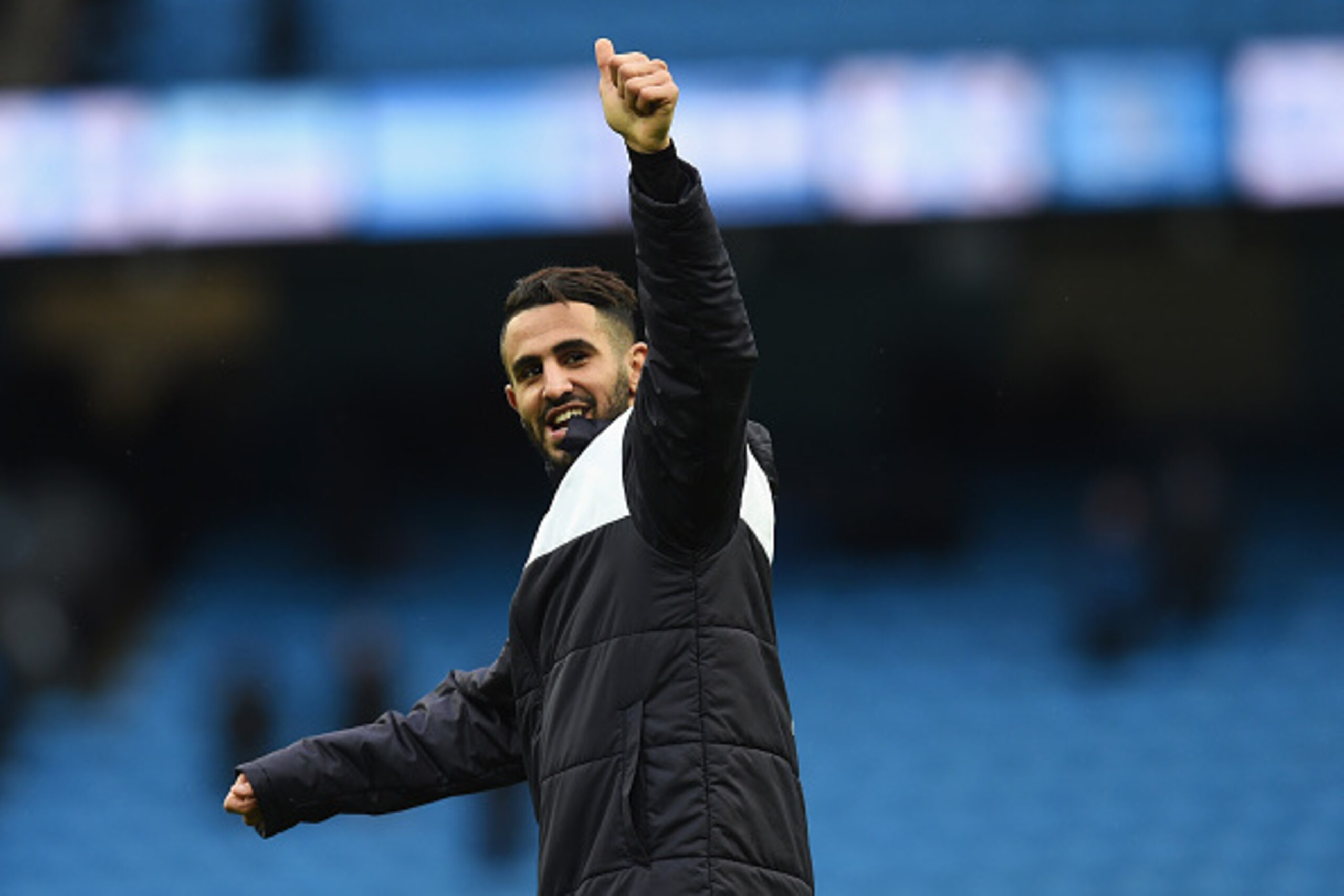 MANCHESTER, ENGLAND - FEBRUARY 06:  Riyad Mahrez of Leicester City celebrates his team's win in  the Barclays Premier League match between Manchester City and Leicester City at the Etihad Stadium on February 6, 2016 in Manchester, England.  (Photo by Mich
