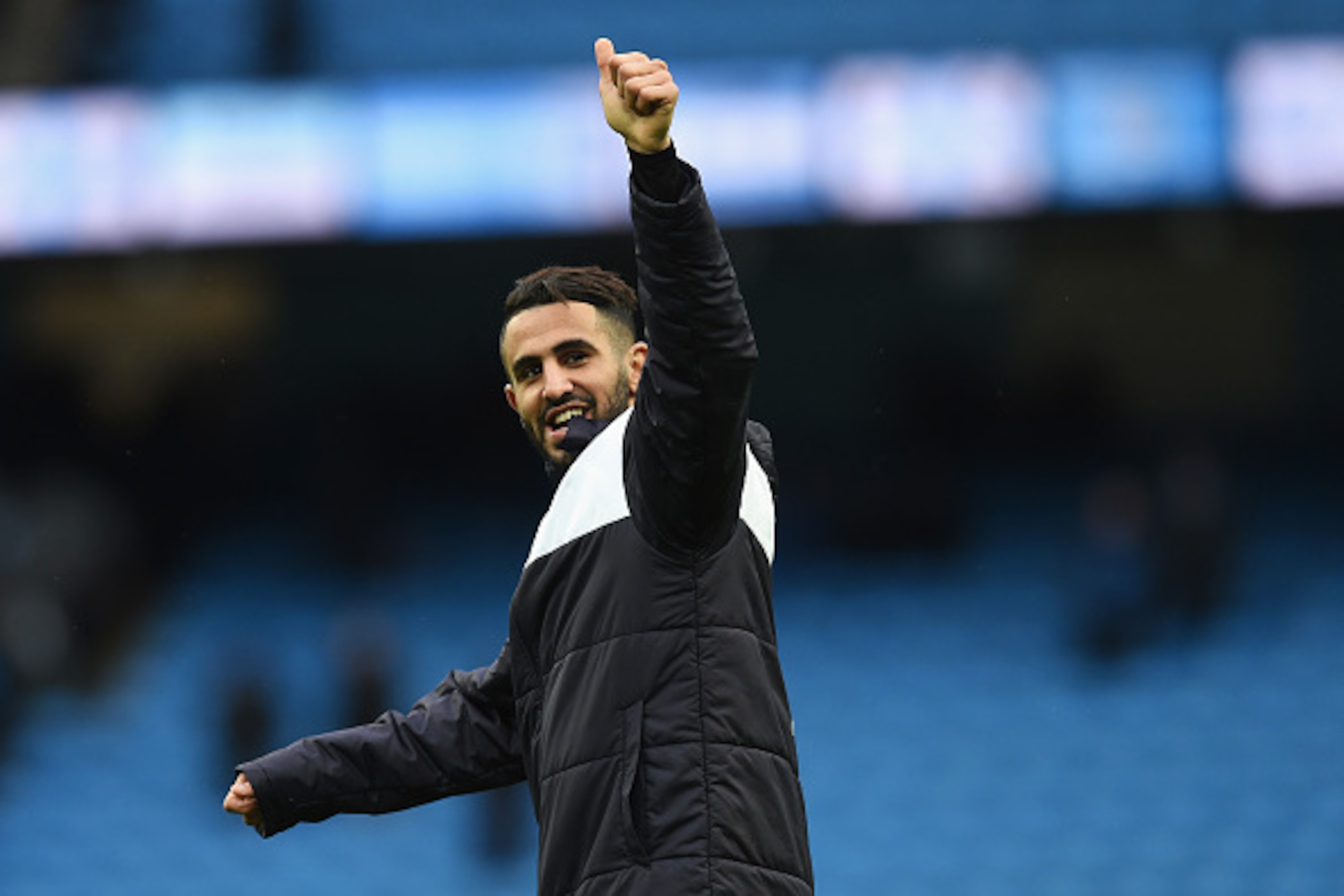 MANCHESTER, ENGLAND - FEBRUARY 06:  Riyad Mahrez of Leicester City celebrates his team's win in  the Barclays Premier League match between Manchester City and Leicester City at the Etihad Stadium on February 6, 2016 in Manchester, England.  (Photo by Mich
