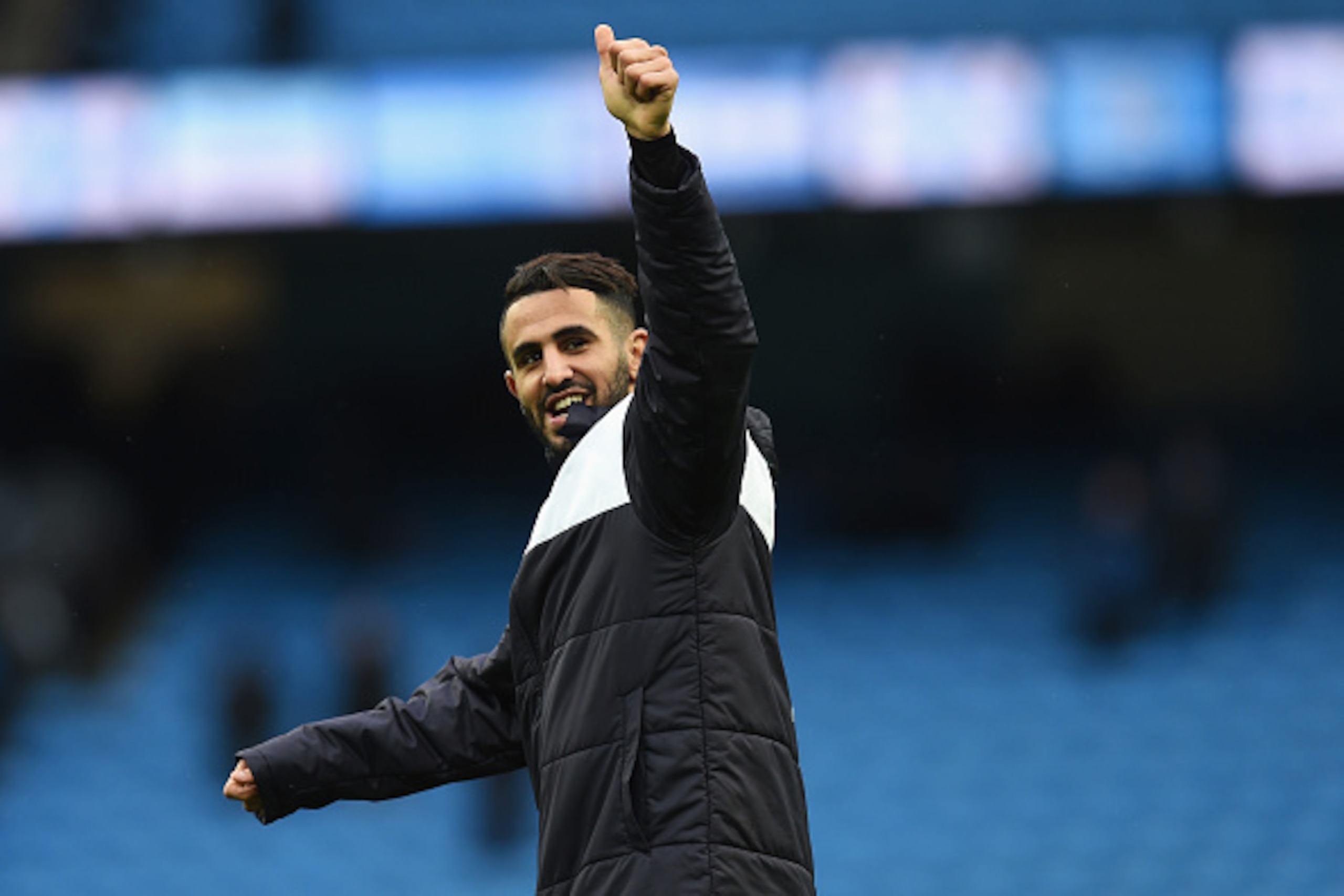 MANCHESTER, ENGLAND - FEBRUARY 06:  Riyad Mahrez of Leicester City celebrates his team's win in  the Barclays Premier League match between Manchester City and Leicester City at the Etihad Stadium on February 6, 2016 in Manchester, England.  (Photo by Mich