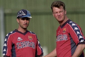 assistant trainer Jose Mourinho (L), Coach Louis van Gaal (R) of Barcelona during the season 1997/1998 in Barcelona, Spain. (Photo by VI Images via Getty Images)