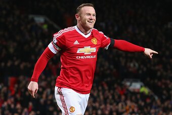 MANCHESTER, ENGLAND - FEBRUARY 02:  Wayne Rooney of Manchester United celebrates scoring his team's third goal during the Barclays Premier League match between Manchester United and Stoke City at Old Trafford on February 2, 2016 in Manchester, England.  (