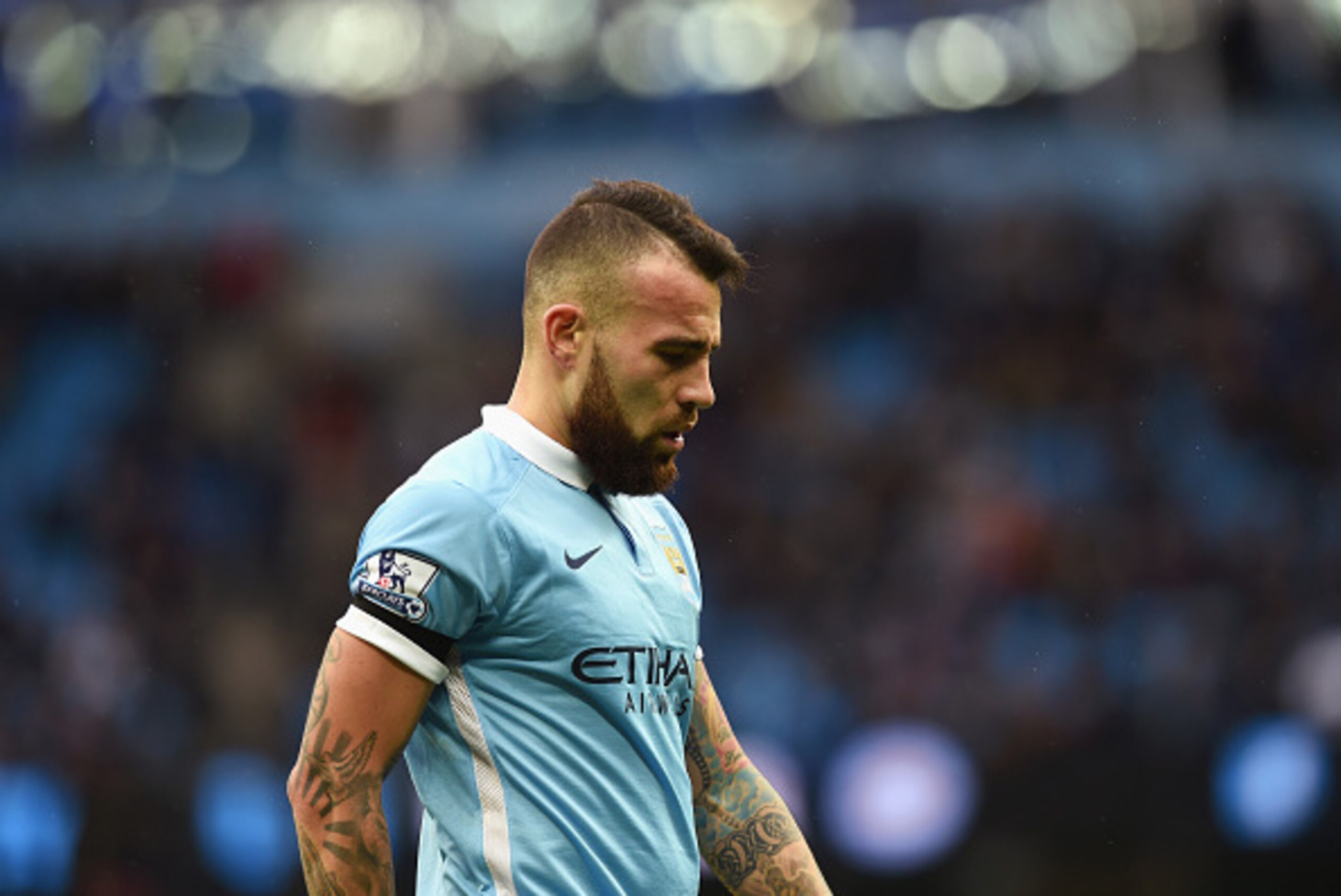MANCHESTER, ENGLAND - FEBRUARY 06: Nicolas Otamendi of Manchester City reacts during the Barclays Premier League match between Manchester City and Leicester City at the Etihad Stadium on February 6, 2016 in Manchester, England.  (Photo by Michael Regan/Ge