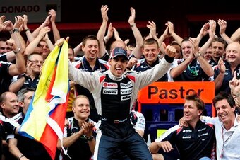 Maldonado celebrates his only F1 win, at the 2012 Spanish Grand Prix.
