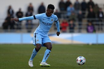 MANCHESTER, ENGLAND - FEBRUARY 24:  Ashley Smith-Brown of Manchester City FC during the UEFA Youth League Round of 16 match between Manchester City FC and FC Schalke 04 at City Football Academy on February 24, 2015 in Manchester, England.  (Photo by Jan K
