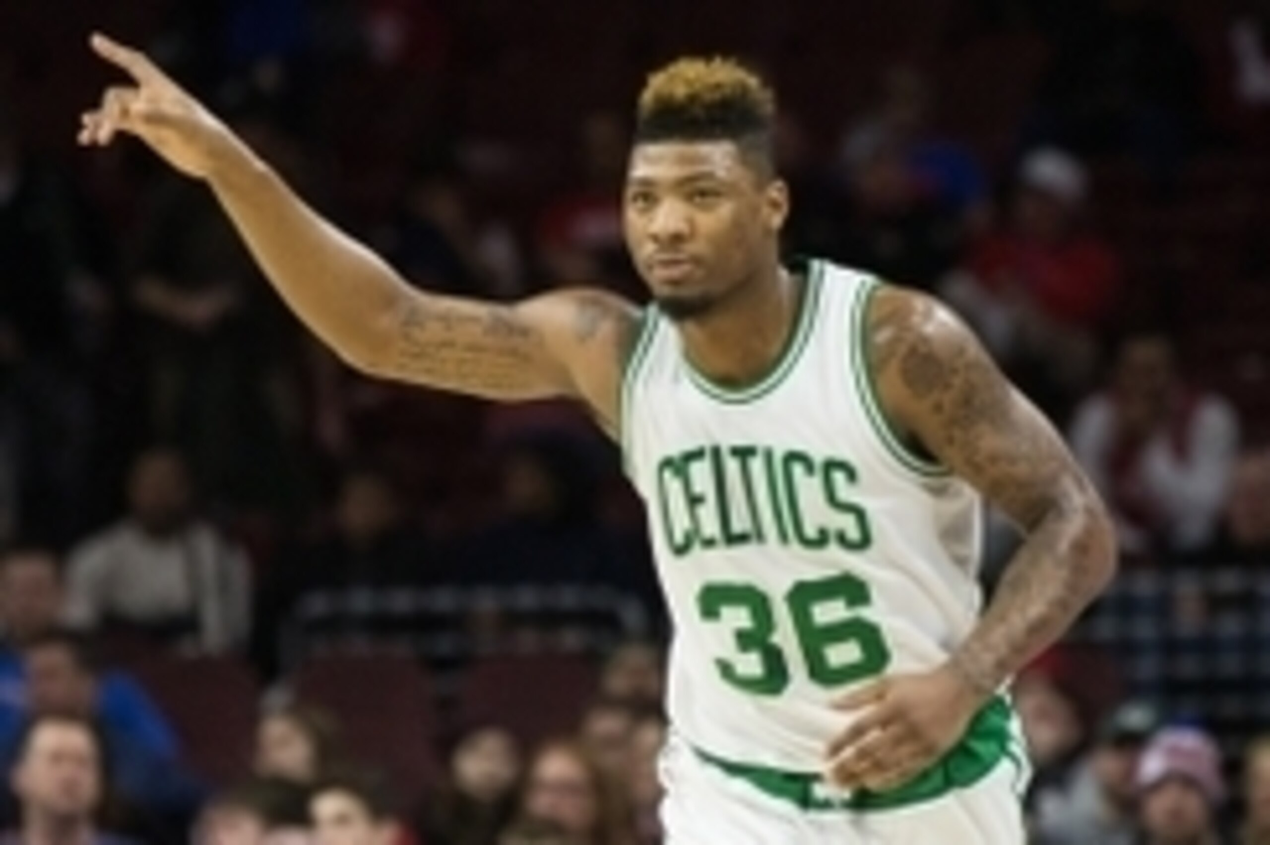 Jan 24, 2016; Philadelphia, PA, USA; Boston Celtics guard Marcus Smart (36) reacts to his score against the Philadelphia 76ers during the second quarter at Wells Fargo Center. Mandatory Credit: Bill Streicher-USA TODAY Sports