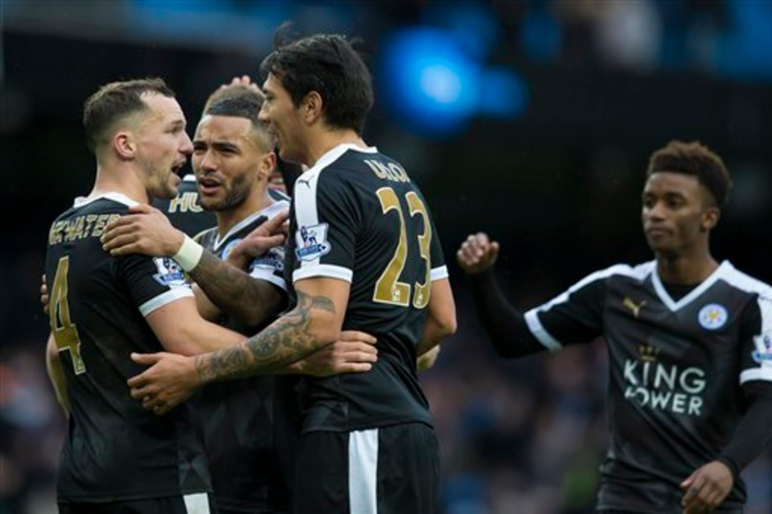 Leicester celebrate as they cement their place at the top of the table against Manchester City. Leicester celebrate as they cement their place at the top of the table against Manchester City.