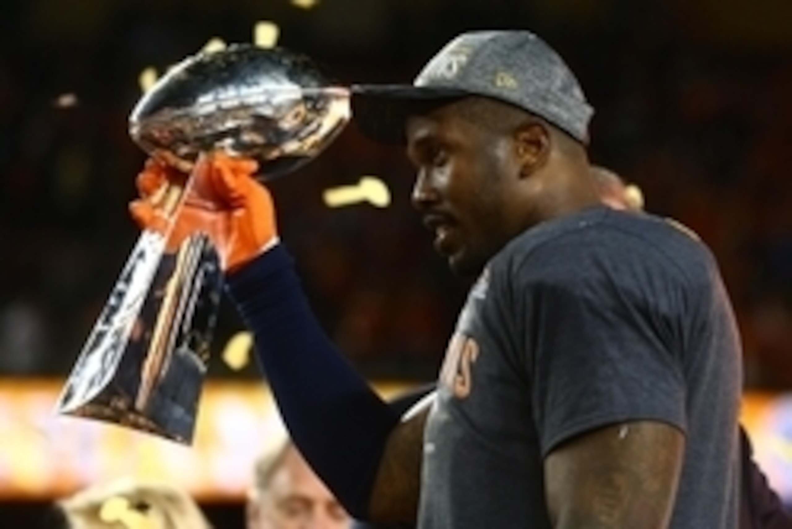 Feb 7, 2016; Santa Clara, CA, USA; Denver Broncos outside linebacker Von Miller (58) holds the Vince Lombardi Trophy after defeating the Carolina Panthers in Super Bowl 50 at Levi's Stadium. Mandatory Credit: Mark J. Rebilas-USA TODAY Sports