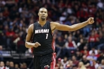 Feb 2, 2016; Houston, TX, USA; Miami Heat forward Chris Bosh (1) runs up the court after a play during the fourth quarter against the Houston Rockets at Toyota Center. The Rockets won 115-102. Mandatory Credit: Troy Taormina-USA TODAY Sports