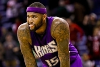 Jan 28, 2016; New Orleans, LA, USA; Sacramento Kings center DeMarcus Cousins (15) looks on during a free throw attempt by the New Orleans Pelicans during the fourth quarter at the Smoothie King Center. The Pelicans won 114-105. Mandatory Credit: Derick E.