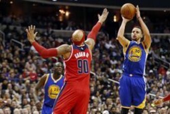 Feb 3, 2016; Washington, DC, USA; Golden State Warriors guard Stephen Curry (30) shoots the ball over Washington Wizards forward Drew Gooden (90) in the second quarter at Verizon Center. The Warriors won 134-121. Mandatory Credit: Geoff Burke-USA TODAY Sp