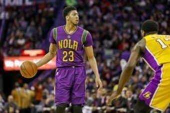 Feb 4, 2016; New Orleans, LA, USA; New Orleans Pelicans forward Anthony Davis (23) brings the ball up against the Los Angeles Lakers during the second half of a game at the Smoothie King Center. The Lakers defeated the Pelicans 99-96. Mandatory Credit: De