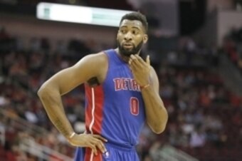 Jan 20, 2016; Houston, TX, USA;  Detroit Pistons center Andre Drummond (0) reacts while playing against the Houston Rockets in the first quarter at Toyota Center. Mandatory Credit: Thomas B. Shea-USA TODAY Sports