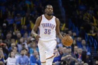 Feb 3, 2016; Oklahoma City, OK, USA; Oklahoma City Thunder forward Kevin Durant (35) brings the ball up the court against the Orlando Magic during the fourth quarter at Chesapeake Energy Arena. Mandatory Credit: Mark D. Smith-USA TODAY Sports