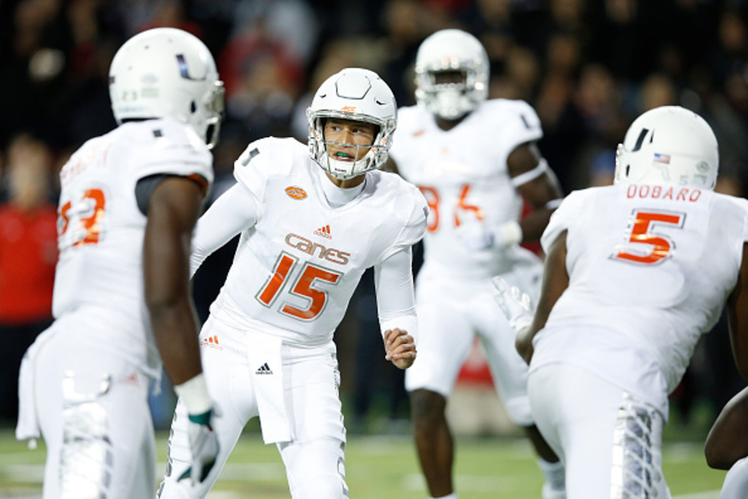 CINCINNATI, OH - OCTOBER 1: Brad Kaaya #15 of the Miami Hurricanes directs the offense against the Cincinnati Bearcats during a game at Nippert Stadium on October 1, 2015 in Cincinnati, Ohio. Cincinnati defeated Miami 34-23. (Photo by Joe Robbins/Getty Im