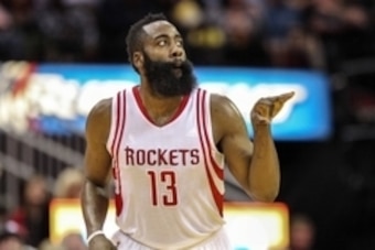 Feb 2, 2016; Houston, TX, USA; Houston Rockets guard James Harden (13) reacts after making a three point basket during the third quarter against the Miami Heat at Toyota Center. The Rockets won 115-102. Mandatory Credit: Troy Taormina-USA TODAY Sports