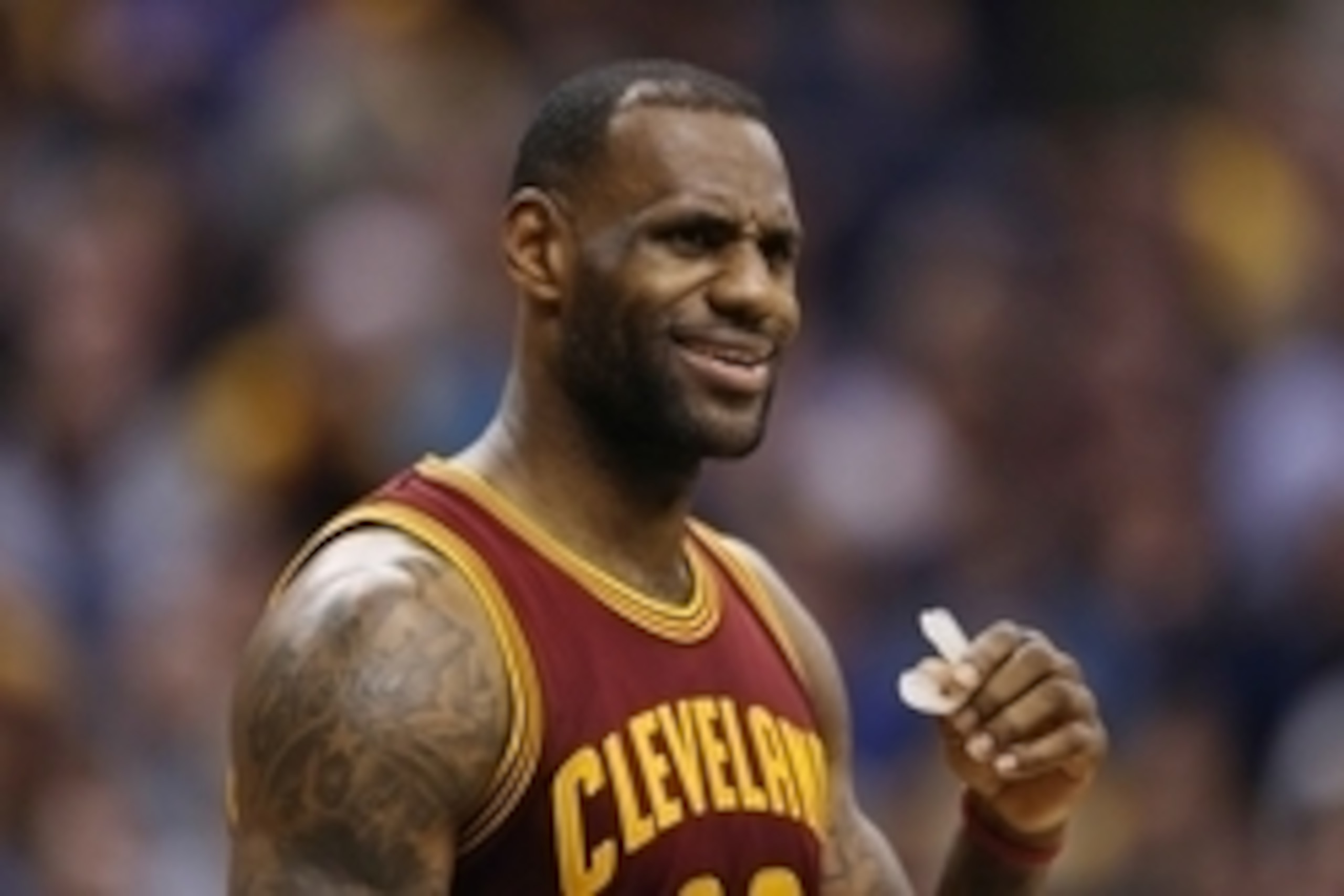 Feb 1, 2016; Indianapolis, IN, USA; Cleveland Cavaliers forward LeBron James (23) reacts from the court against the Indiana Pacers at Bankers Life Fieldhouse. The Cavaliers won 111-106 in overtime. Mandatory Credit: Brian Spurlock-USA TODAY Sports